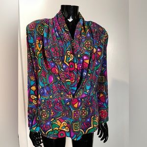 Vintage multicolor polyester blouse with jewel tones and abstract print